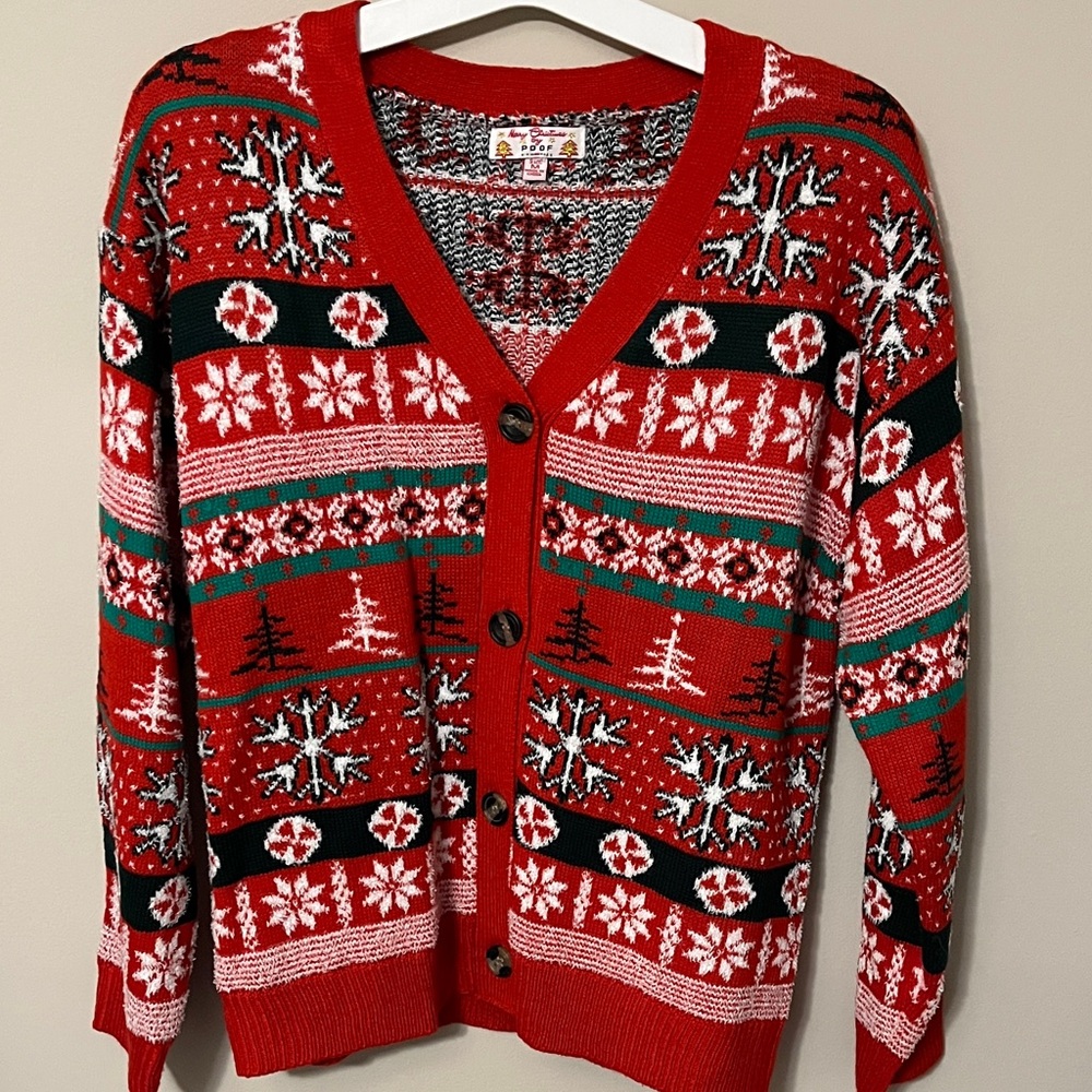Poof! Red Festive Cardigan Sweater